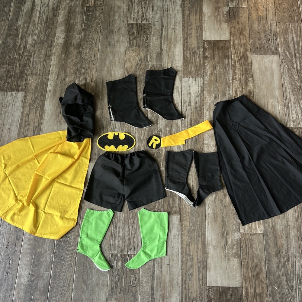 Vintage Handmade Batman Robin Costume Mask, Belt, Capes Shoe Covers Pretend Play